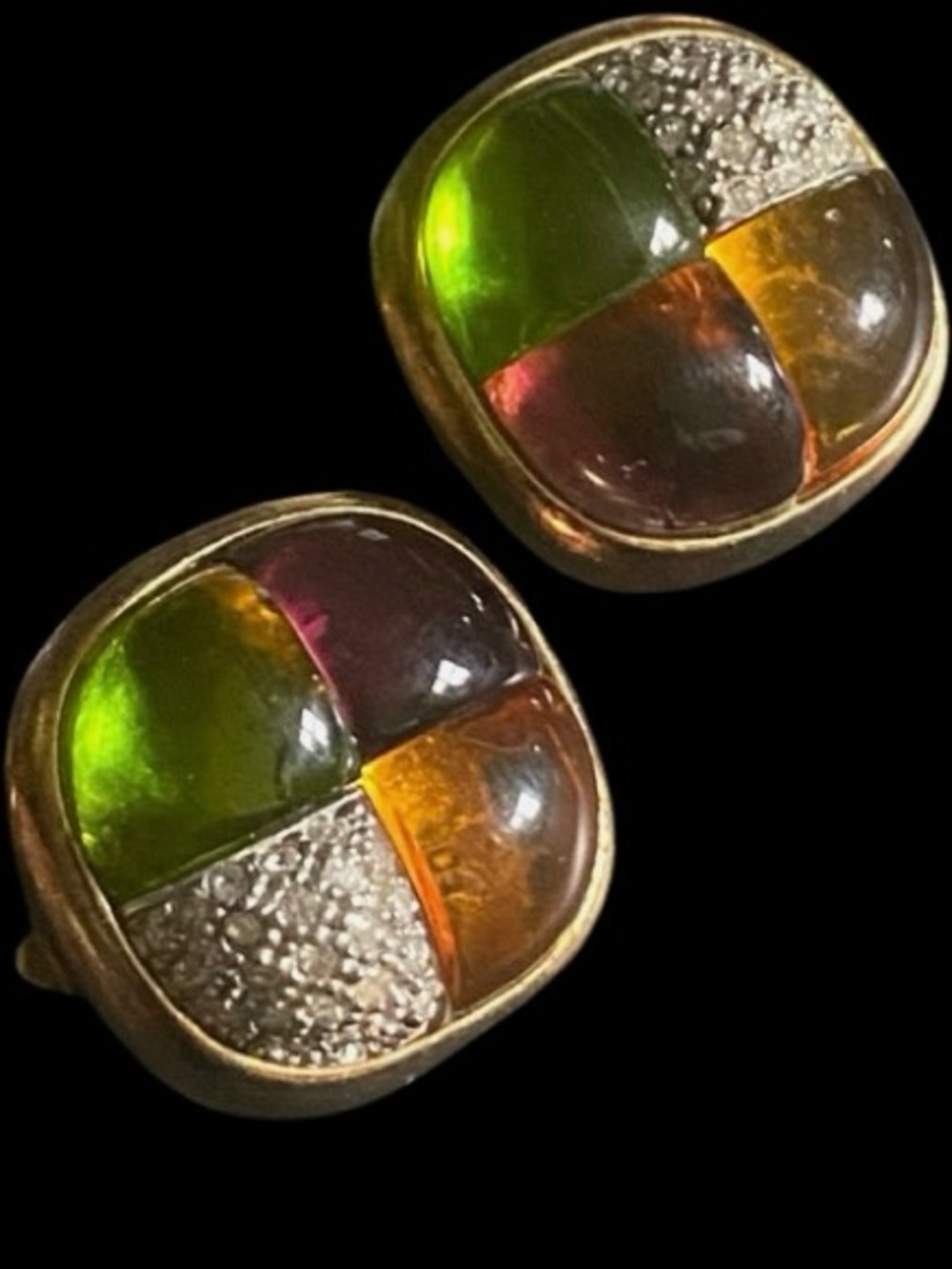 Vintage Mosaic Gemstone Cabochon Clip-On Earrings in Vermeil 925 Sterling Silver